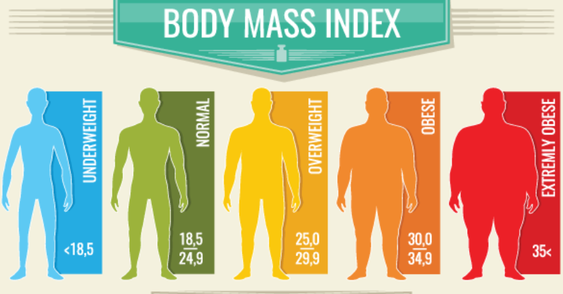 Infografika ilustruje kategorie BMI, od niedowagi do skrajnej otyłości