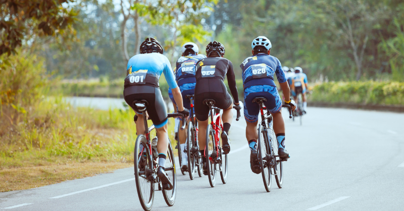 Kilku rowerzystów jedzie grupą po asfaltowej drodze
