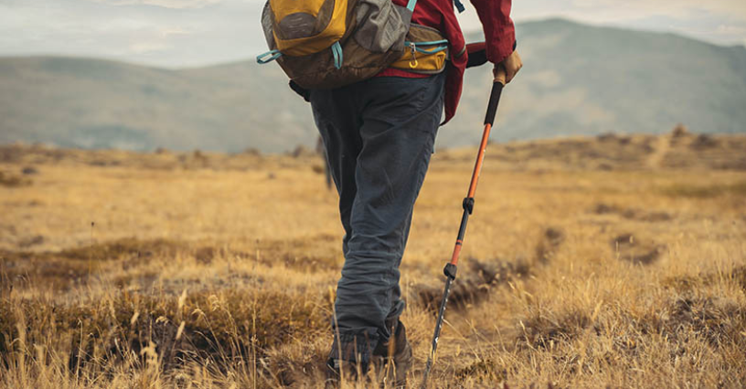 Turysta w czasie wędrówki z kijkami trekkingowymi