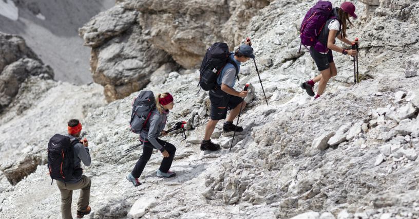 Grupa turystów z plecakami trekkingowymi i kijkami podchodząca pod górę kamienistym podejściem