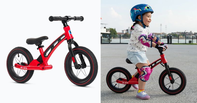 Dziewczynka w kasku jadąca na rowerku biegowym Micro Balance Bike Deluxe