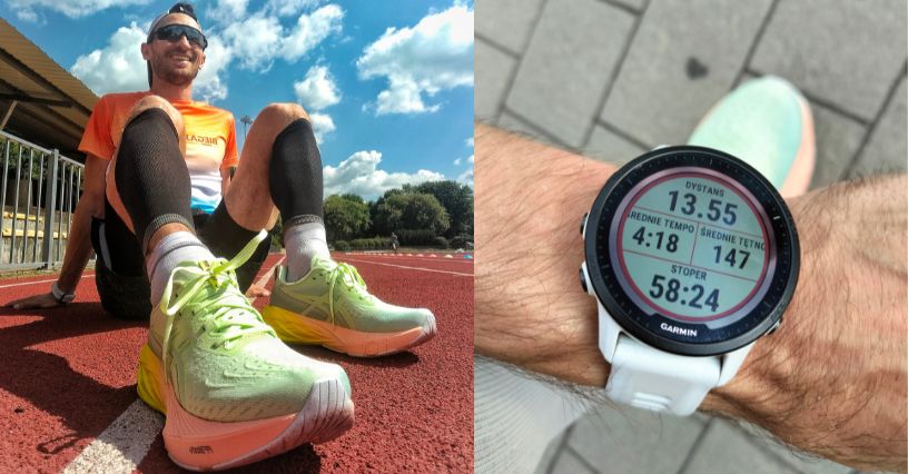 Biegacz siedzi na bieżni w butach ASICS Novablast 4 Paris i pokazuje zegarek z wynikami treningu