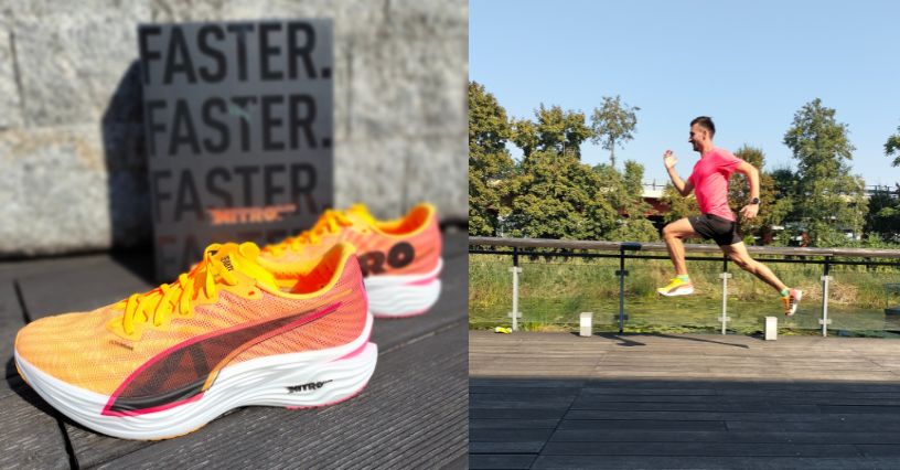 Biegacz wykonujący skipy B w butach do biegania PUMA Deviate Nitro Elite 3