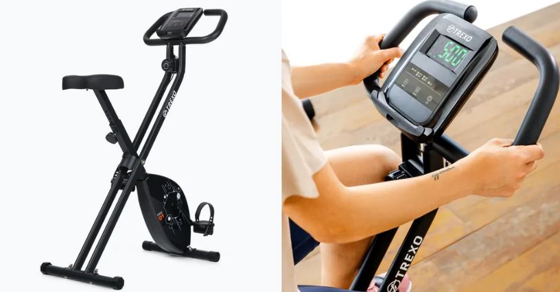 Rower stacjonarny TREXO Hex 01 i podgląd ekranu w czasie jazdy 