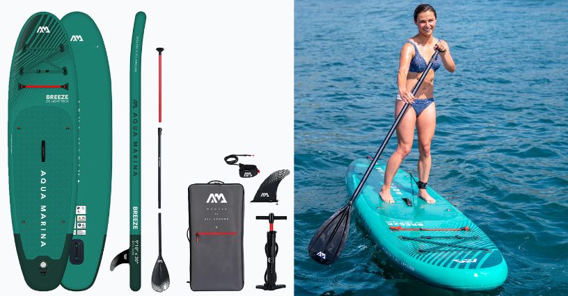 SUP pompowany Aqua Marina Breeze 9'10" i kobieta pływająca na niej