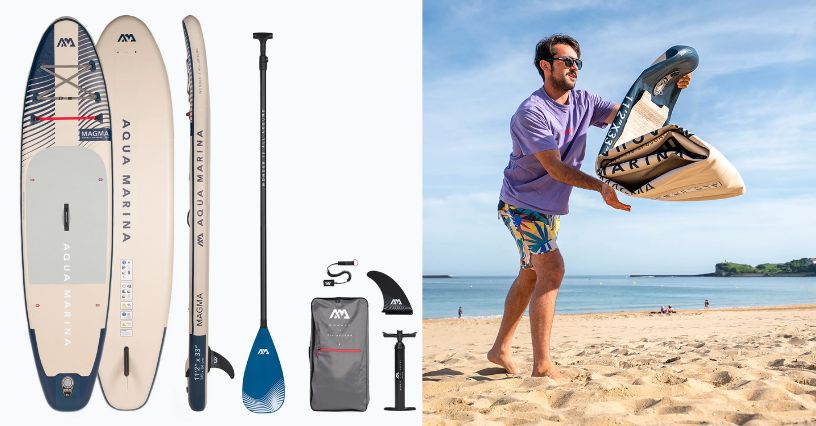 SUP deska Aqua Marina Magma 11'2" i mężczyzna rozkładający ją na plaży