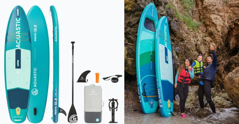 Deska SUP allround AQUASTIC Perth 10'8" i rodzina z dzieckiem stojąca przy  dwóch SUP-ach przy skałach