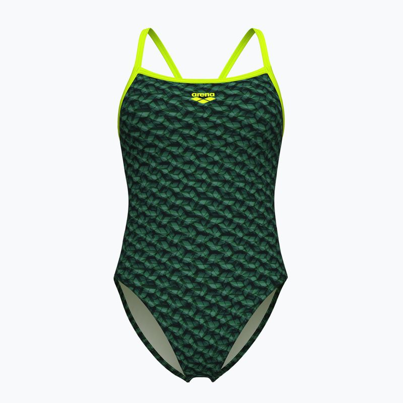 Strój pływacki jednoczęściowy damski arena Monogram Challenge Back dark sage multi/artic lime
