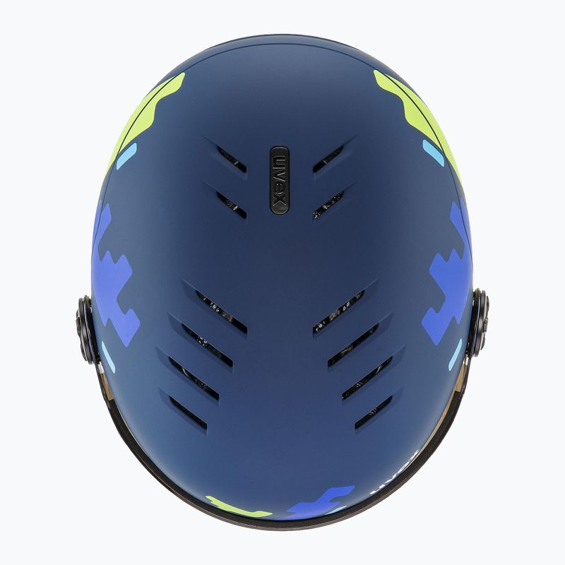 Kask narciarski dziecięcy UVEX Rocket Visor Jr blue puzzle matt/mirror blue/smoke 14