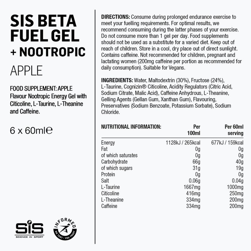 Zestaw żeli energetycznych Science in Sport Beta Fuel Energy + Nootropics 6 x 60 ml apple 6