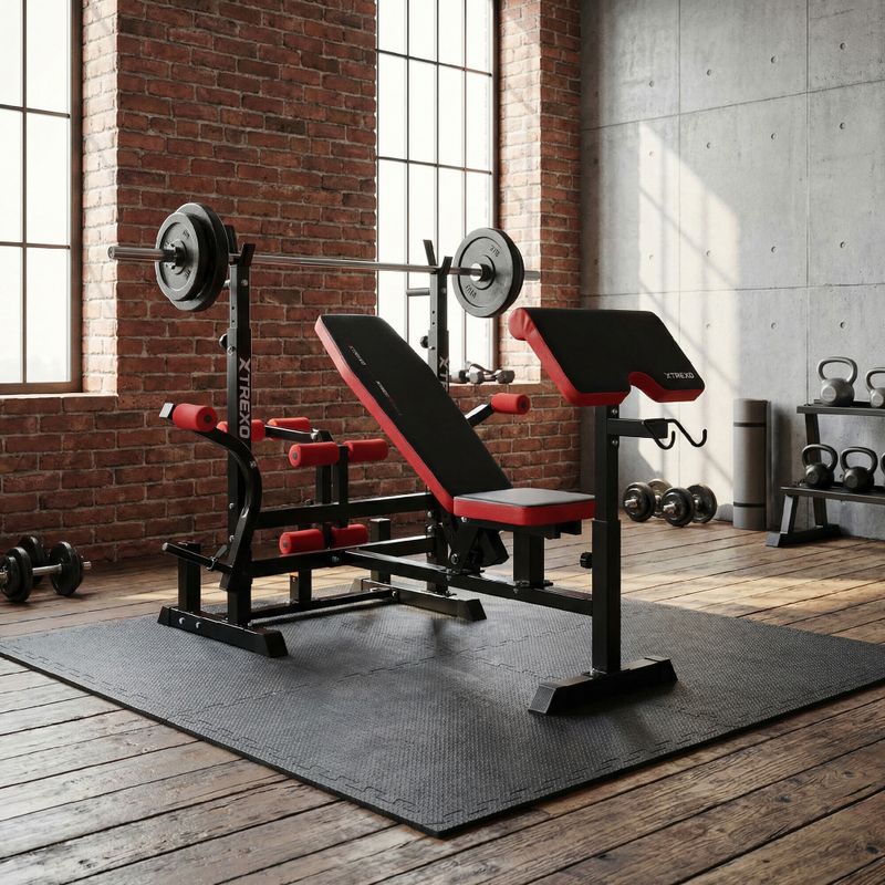 Ławka treningowa XTREXO BenchFit Max ze stojakiem i modlitewnikiem czarny 3